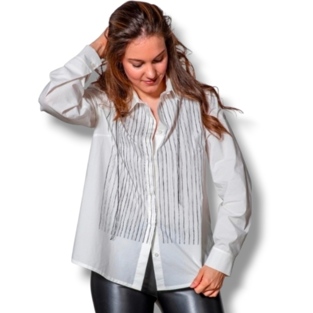 Classic White Button-Up Shirt with Subtle Black Tassel Detail